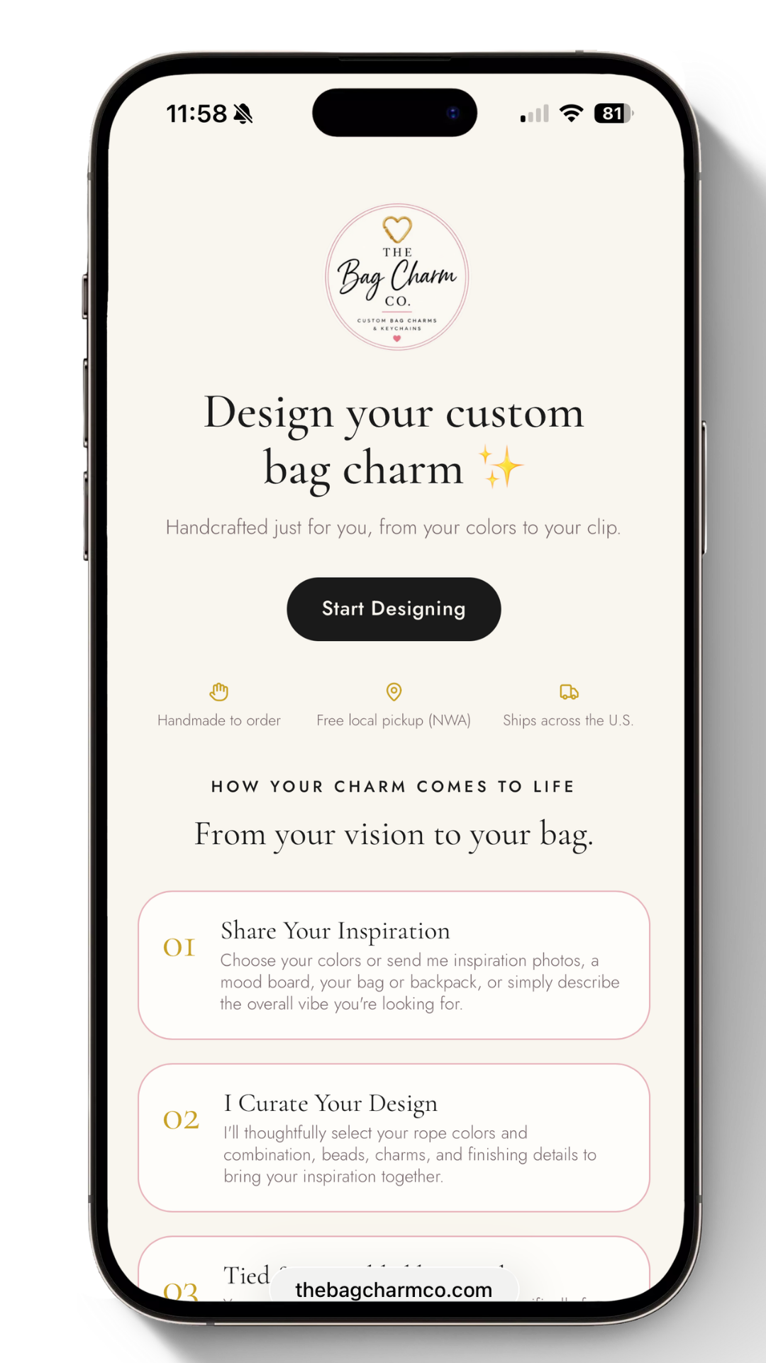 The Bag Charm Co. website shown scrolling on a phone